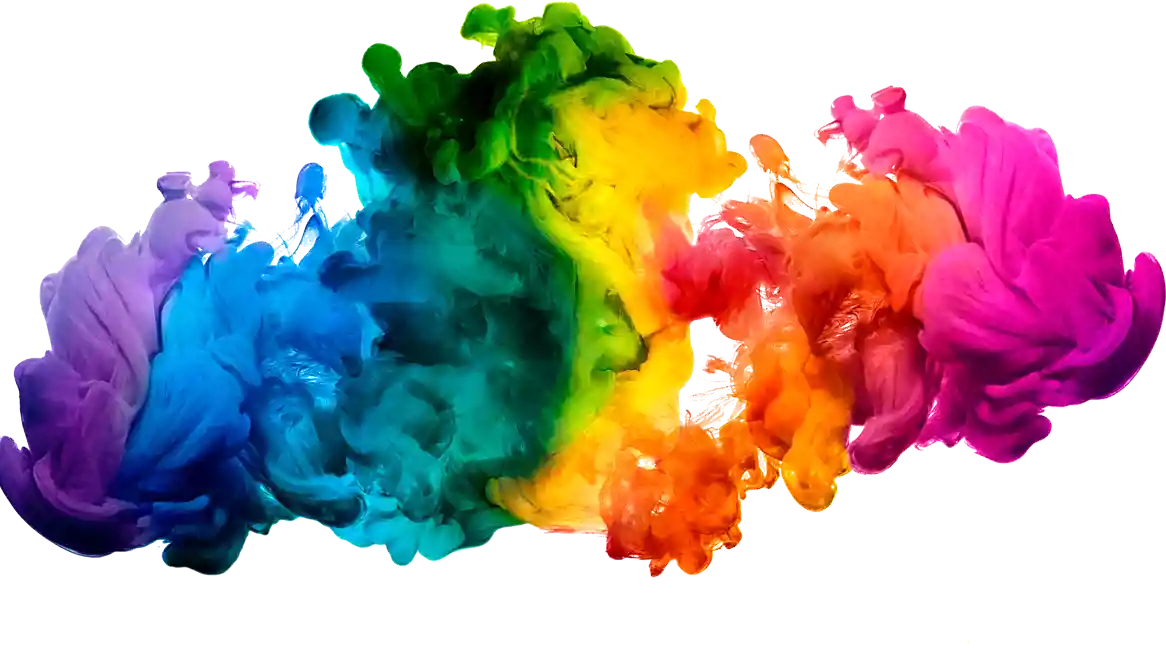 Färgglad abstrakt bild av färg som sprider sig i vätska, med nyanser av blått och grönt till vänster, övergående i gult, orange och rött till höger, mot en vit bakgrund.
